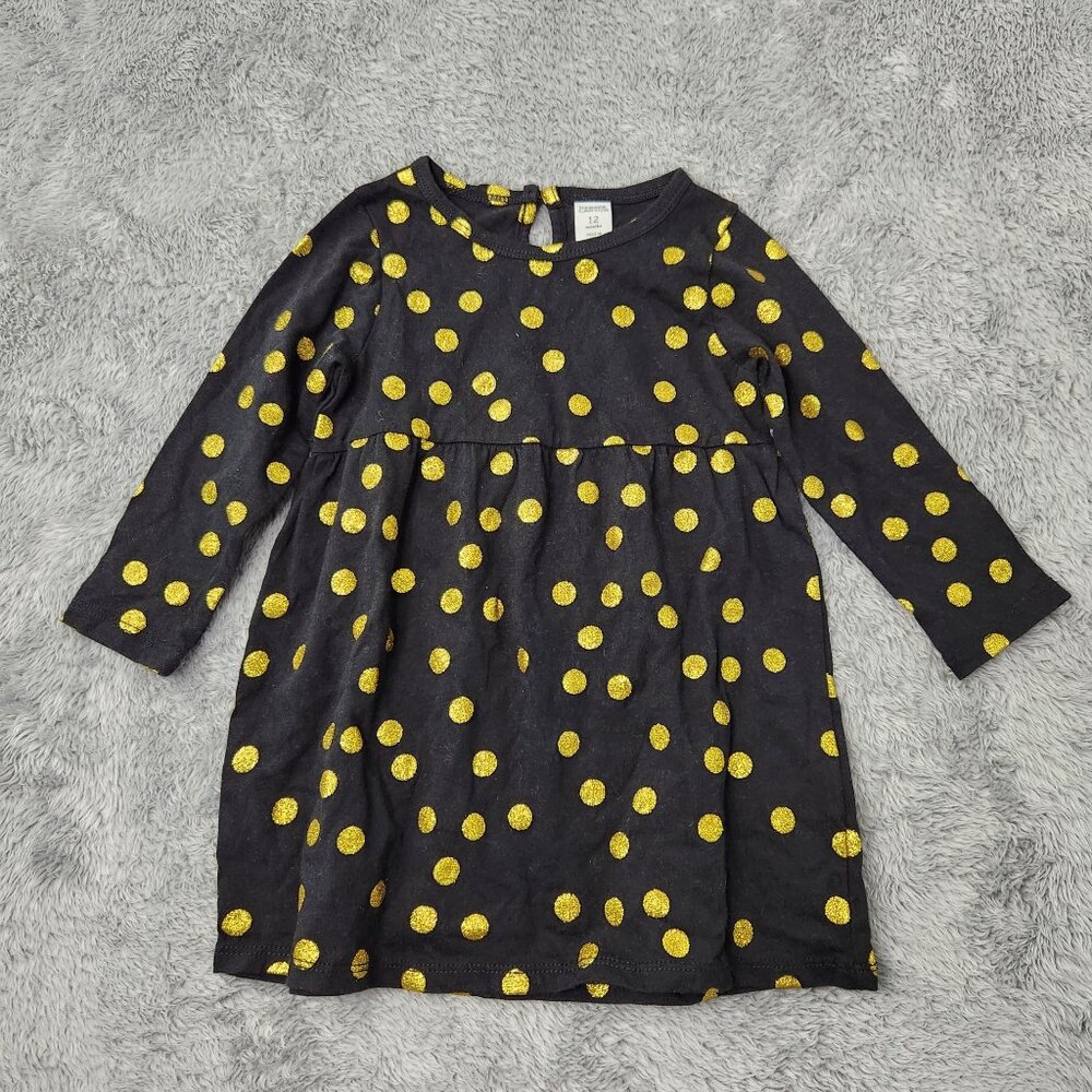 Harper‎ Canyon Dress Baby Girls 12M Black & Gold Polka Dot Cotton Long-Sleeve